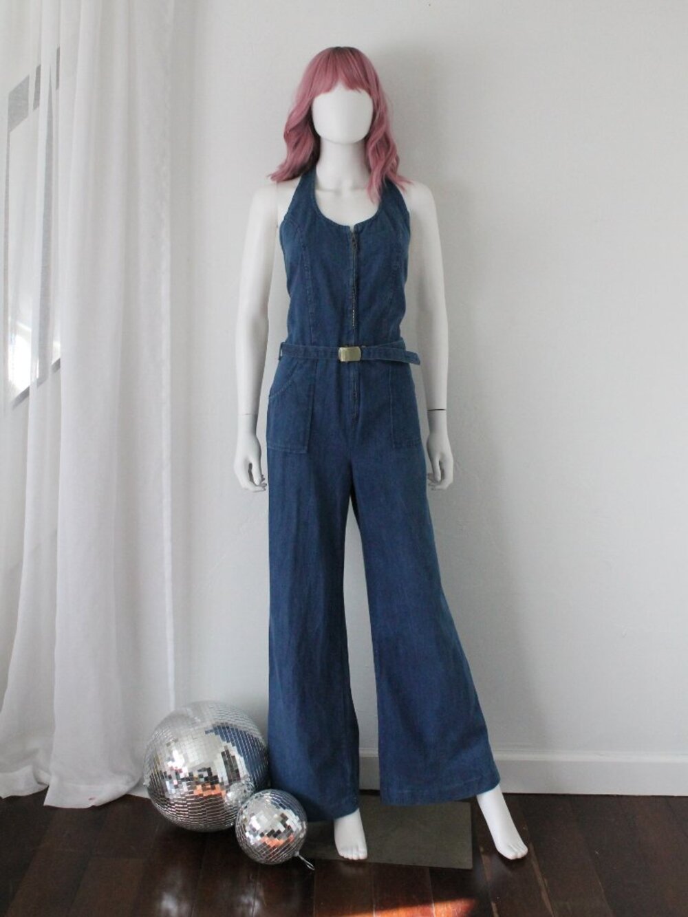 Vintage '70s Denim Halter Jumpsuit, Dark Wash Wide Leg Disco One-Piece